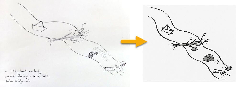 boat on a river 2 blockages - hand sketch to chatGPT image